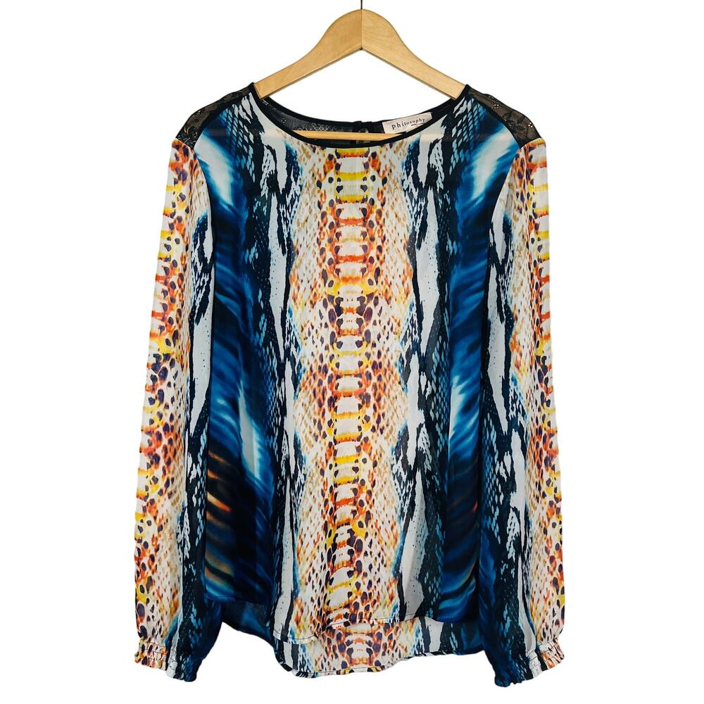Philosophy Semi Sheer Tunic Top Long Sleeve Mod Print Blouse Casual - L